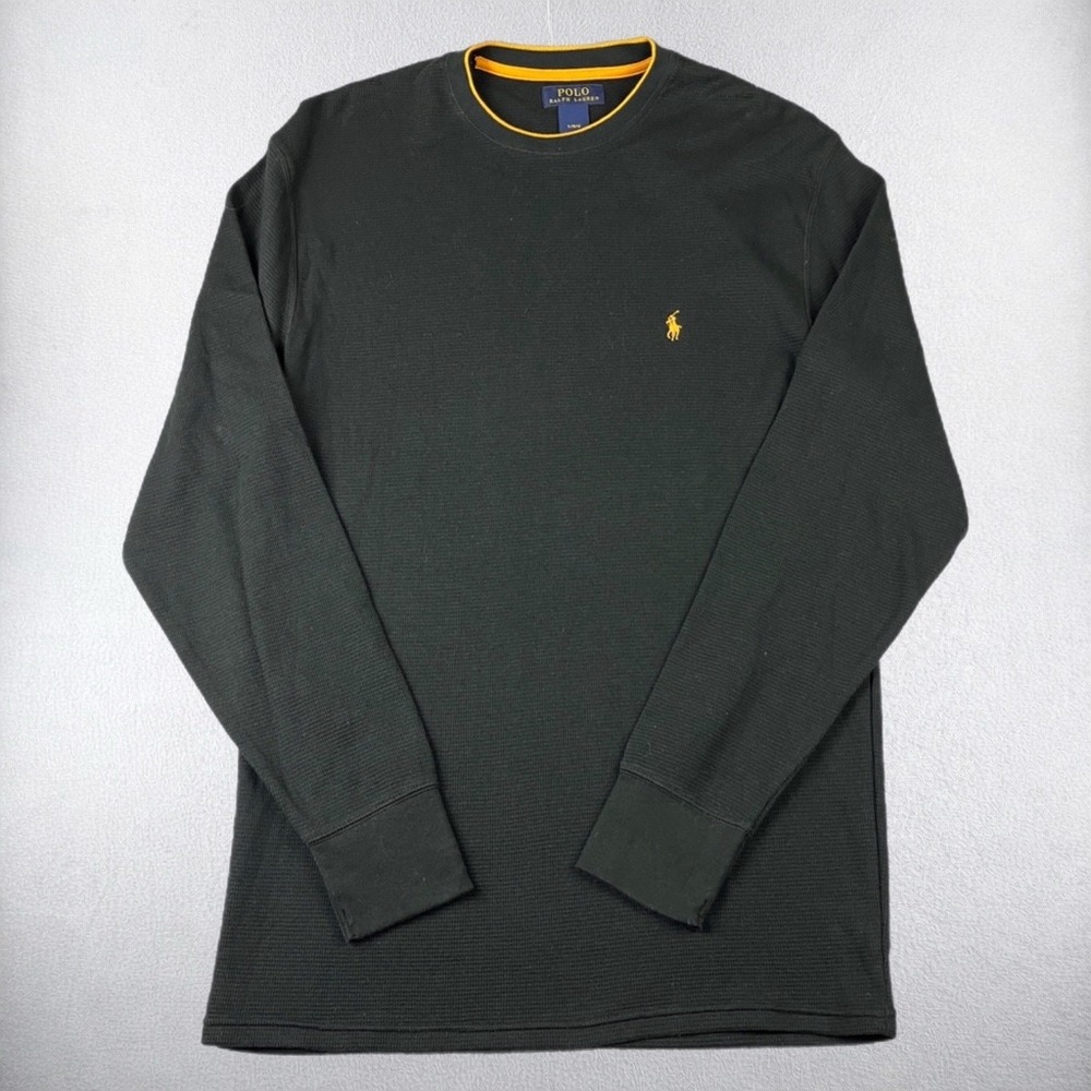 Polo Ralph Lauren Waffle Knit Shirt Mens Large Black Orange Pony Thermal